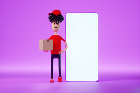 Cartoon man stands with cardboard boxes next to a smartphone with a blank screen. Moving assistance, online shopping delivery, moving app, mock-up for your design. 3D rendering, 3D illustrationの写真素材