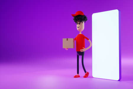 Cartoon man stands with cardboard boxes next to a smartphone with a blank screen. Moving assistance, online shopping delivery, moving app, mock-up for your design. 3D rendering, 3D illustrationの写真素材