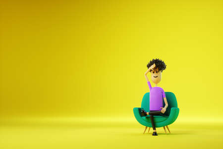 Cartoon man tired sitting in a green chair on a yellow background. Appointment with a psychiatrist, psychological problems, diplomacy, problems. Copy space, 3D render, 3D illustrationの写真素材