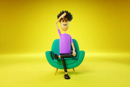 Cartoon man tired sitting in a green chair on a yellow background. Appointment with a psychiatrist, psychological problems, diplomacy, problems. Copy space, 3D render, 3D illustrationの写真素材