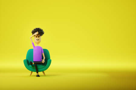 Cartoon man tired sitting in a green chair on a yellow background. Appointment with a psychiatrist, psychological problems, diplomacy, problems. Copy space, 3D render, 3D illustrationの写真素材