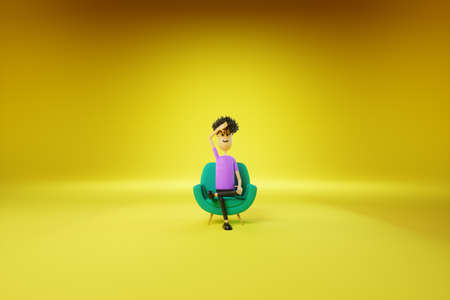 Cartoon man tired sitting in a green chair on a yellow background. Appointment with a psychiatrist, psychological problems, diplomacy, problems. Copy space, 3D render, 3D illustrationの写真素材