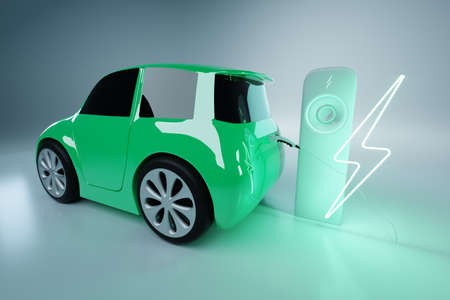 Electric car at the charging station. Electric motor concept, electric car, charging station, green technologies, future. Copy space, 3D render, 3D illustrationの写真素材