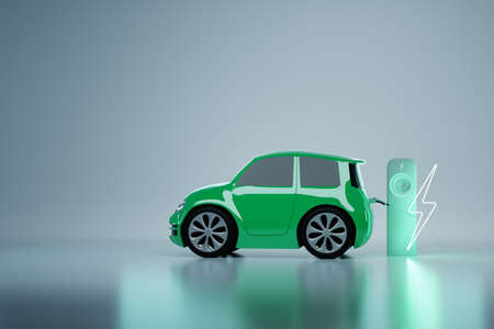 Electric car at the charging station. Electric motor concept, electric car, charging station, green technologies, future. Copy space, 3D render, 3D illustrationの写真素材