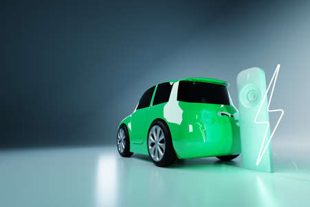 Electric car at the charging station. Electric motor concept, electric car, charging station, green technologies, future. Copy space, 3D render, 3D illustrationの写真素材