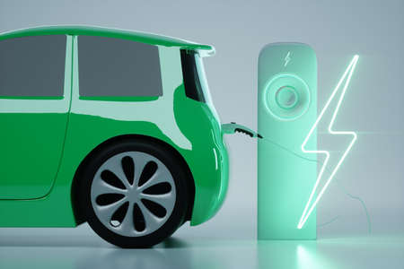 Electric car at the charging station. Electric motor concept, electric car, charging station, green technologies, future. Copy space, 3D render, 3D illustrationの写真素材
