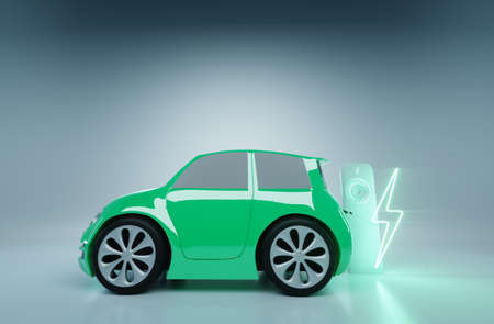 Electric car at the charging station. Electric motor concept, electric car, charging station, green technologies, future. Copy space, 3D render, 3D illustrationの写真素材