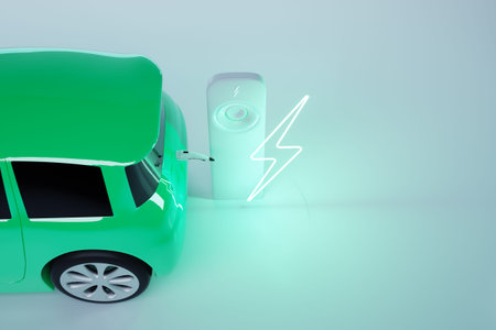Electric car at the charging station. Electric motor concept, electric car, charging station, green...