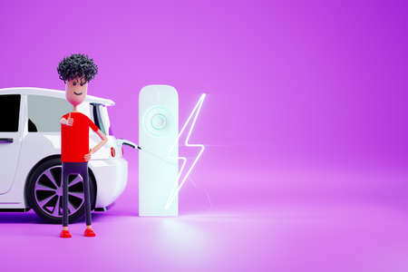 Electric car at charging station with cartoon young man, thumbs up. Electric motor concept, electric car, charging station, green technologies, future. Copy space, 3D render, 3D illustrationの写真素材