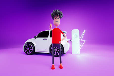 Electric car at charging station with cartoon young man, thumbs up. Electric motor concept, electric car, charging station, green technologies, future. Copy space, 3D render, 3D illustrationの写真素材