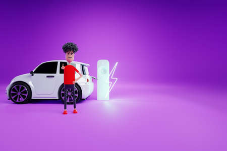 Electric car at charging station with cartoon young man, thumbs up. Electric motor concept, electric car, charging station, green technologies, future. Copy space, 3D render, 3D illustrationの写真素材