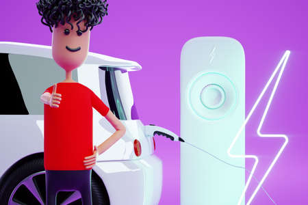 Electric car at charging station with cartoon young man, thumbs up. Electric motor concept, electric car, charging station, green technologies, future. Copy space, 3D render, 3D illustrationの写真素材