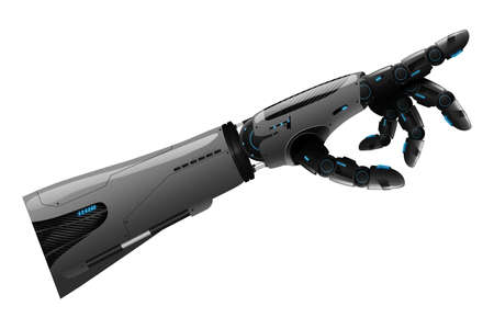 Android robot hand isolated on white background. Future concept, artificial intelligence, manipulators, automation. 3D rendering, 3D illustrationの写真素材