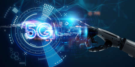 The android robot arm makes a choice in favor of 5G. Concept for wicked communication, future, artificial intelligence, automation, fantastic background. 3D rendering, 3D illustrationの写真素材