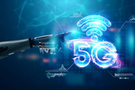The android robot arm makes a choice in favor of 5G. Concept for wicked communication, future, artificial intelligence, automation, fantastic background. 3D rendering, 3D illustrationの写真素材