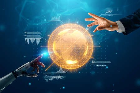 Android robot hand and human hand on a blue background. Future concept, artificial intelligence, robotizationの写真素材