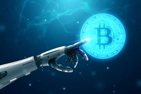 An android robot hand on a blue background points to a bitcoin coin. Future concept, artificial intelligence, electronic money, crypto currency. 3D rendering, 3D illustrationの写真素材