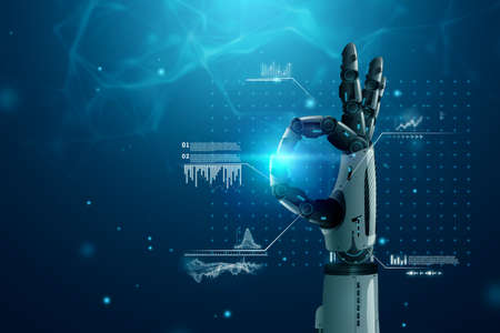 Android robot hand on blue futuristic background. Future Concept, Sci-fi Background, Artificial Intelligence, Automation, Modern Style. 3D rendering, 3D illustrationの写真素材