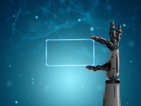 robot hand on blue futuristic background. Future Concept, Sci-fi Background, Artificial Intelligence, Automation, Modern Style. 3D rendering, 3D illustrationの写真素材