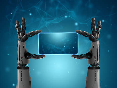 robot hand on blue futuristic background. Future Concept, Sci-fi Background, Artificial Intelligence, Automation, Modern Style. 3D rendering, 3D illustrationの写真素材