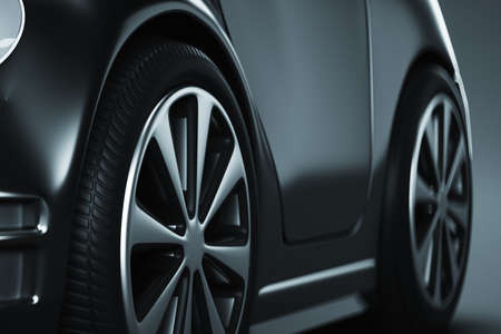 3D model of a mini car, studio shooting, gray background. The concept of car service, repair, purchase, car loan. 3D illustration, 3D renderの写真素材