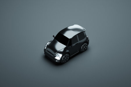 3D model of a mini car, studio shooting, gray background. The concept of car service, repair, purchase, car loan. 3D illustration, 3D renderの写真素材