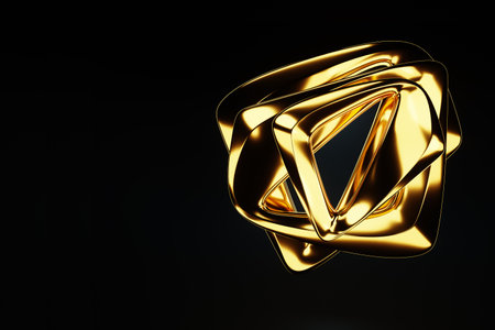 Dark gold background, abstract figure, luxurious golden shapes, on a black background. Gold waves, metal lines, elegant background, Geometric design. 3D render, 3D illustrationの写真素材