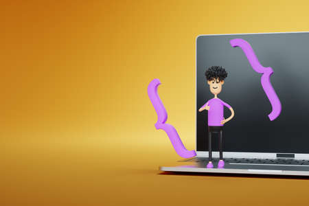 A cartoon character with elements of programming code is standing on a laptop. Programming school, online distance learning on the Internet, video tutorials, webinar, E learning web banner. 3D illustration, 3D renderの写真素材