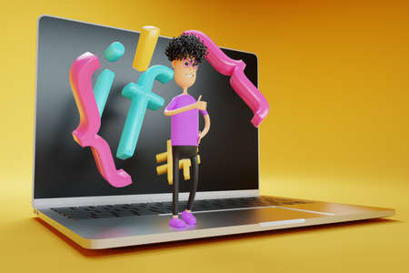 A cartoon character with elements of programming code is standing on a laptop. Programming school, online distance learning on the Internet, video tutorials, webinar, E learning web banner. 3D illustration, 3D renderの写真素材
