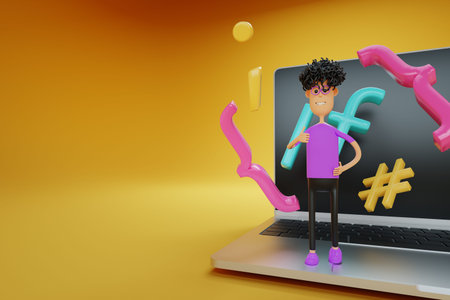 A cartoon character with elements of programming code is standing on a laptop. Programming school,...