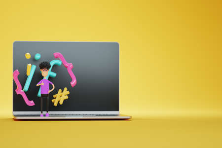 A cartoon character with elements of programming code is standing on a laptop. Programming school, online distance learning on the Internet, video tutorials, webinar, E learning web banner. 3D illustration, 3D renderの写真素材