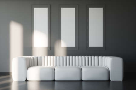 Modern living room design with gray walls and a white large sofa. 3D illustration, 3D renderの写真素材