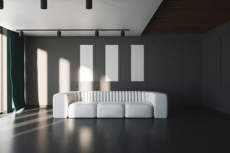 Modern living room design with gray walls and a white large sofa. 3D illustration, 3D renderの写真素材