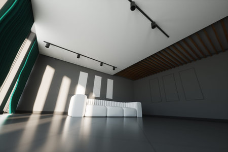Modern living room design with gray walls and a white large sofa. 3D illustration, 3D renderの写真素材