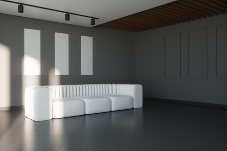 Modern living room design with gray walls and a white large sofa. 3D illustration, 3D renderの写真素材