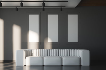Modern living room design with gray walls and a white large sofa. 3D illustration, 3D renderの写真素材