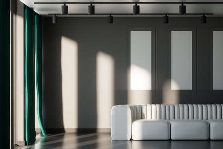 Modern living room design with gray walls and a white large sofa. 3D illustration, 3D renderの写真素材