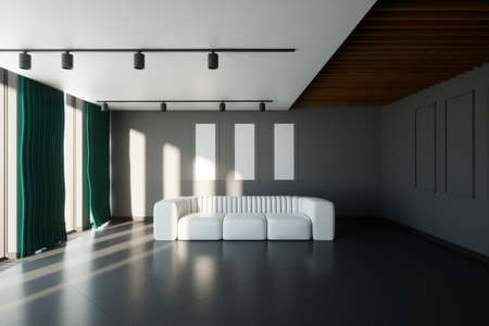 Modern living room design with gray walls and a white large sofa. 3D illustration, 3D renderの写真素材