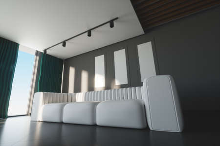 Modern living room design with gray walls and a white large sofa. 3D illustration, 3D renderの写真素材