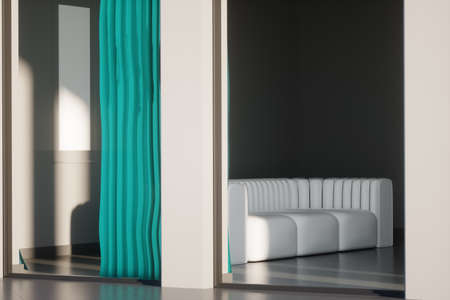 Modern living room design with gray walls and a white large sofa. 3D illustration, 3D renderの写真素材