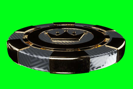 Creative casino template, background design with black and gold playing chips isolated on green background. Casino concept, gambling, website header. 3D illustration, 3D renderingの写真素材