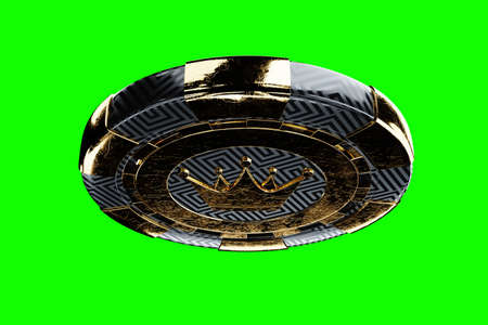 Creative casino template, background design with black and gold playing chips isolated on green background. Casino concept, gambling, website header. 3D illustration, 3D renderingの写真素材