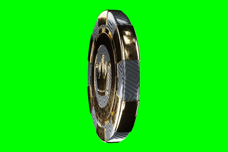 Creative casino template, background design with black and gold playing chips isolated on green background. Casino concept, gambling, website header. 3D illustration, 3D renderingの写真素材
