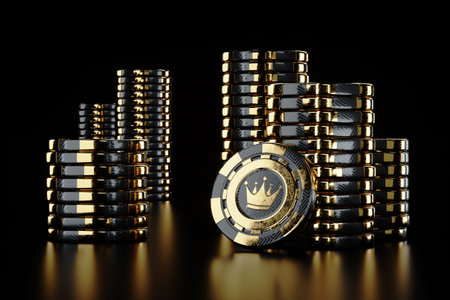 Creative casino template, black gold stacks of playing chips isolated on black background. The concept of roulette, gambling, a header for the site. Copy space, 3d illustration, 3d renderの写真素材