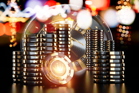 Creative casino template, black gold stacks of playing chips isolated on black background. The concept of roulette, gambling, a header for the site. Copy space, 3d illustration, 3d renderの写真素材