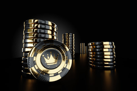 Creative casino template, black gold stacks of playing chips isolated on black background. The...