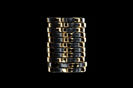 Creative casino template, black gold stacks of playing chips isolated on black background. The concept of roulette, gambling, a header for the site. Copy space, 3d illustration, 3d renderの写真素材