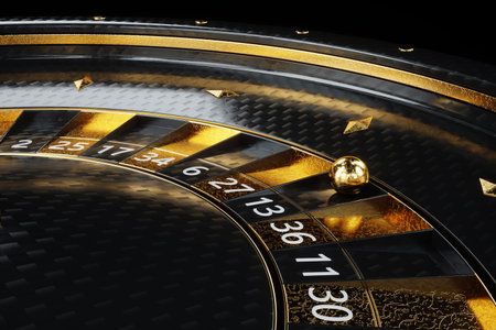 Black and gold roulette close-up. Casino concept, Vegas, creative template, addiction. 3D...