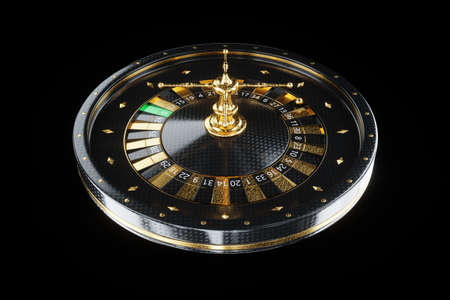Creative casino template, black and gold roulette on a black background. The concept of roulette, casino, gambling, addiction, Vegas. Copy space, 3d illustration, 3d renderの写真素材