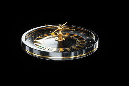 Creative casino template, black and gold roulette on a black background. The concept of roulette, casino, gambling, addiction, Vegas. Copy space, 3d illustration, 3d renderの写真素材